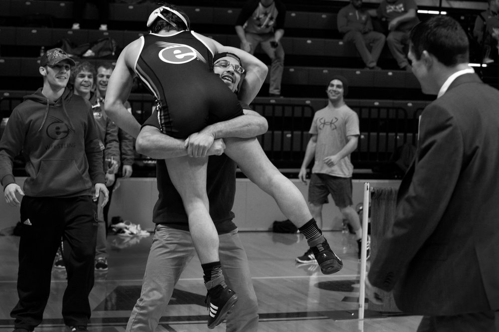  After Connor McMahon wins the Southern Conference tournament he is lifted into his teammate Erik Travers arms as he and the rest of his team celebrate. McMahon is named the Southern Conference tournament's most valuable wrestler after his victory and goes on to qualify for the Division 1 NCAA tournament in St. Louis, Mo. "Ive never accomplished anything like this before, so this is a great feeling" McMahon said. 